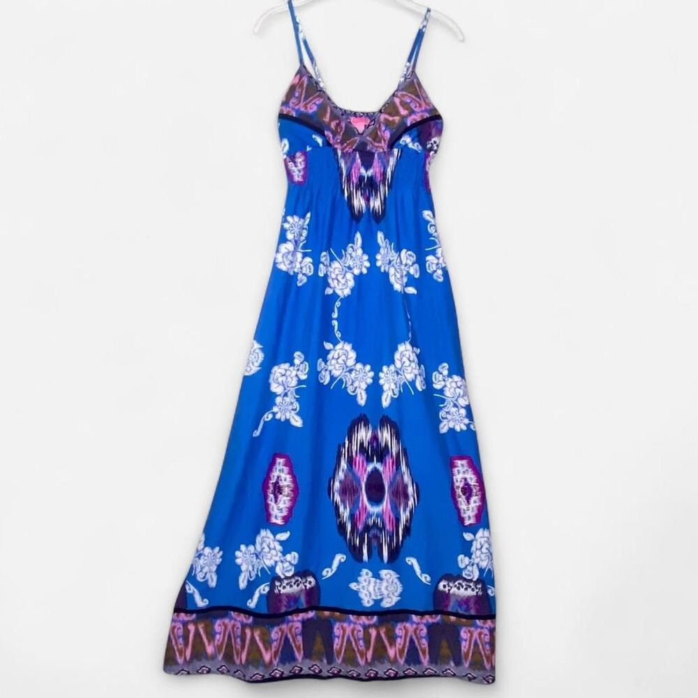 SHES COOL Boho Blue Pink & White floral Bali Inspired Cotton Maxi Summer Dress M